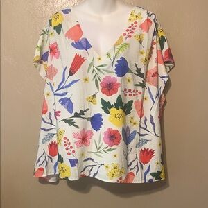 RACHEL Rachel Roy 3X Boxy Floral Flutter Sleeve Top Cream Blue Yellow NWT